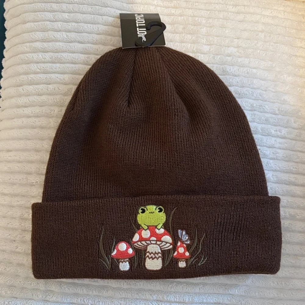 Brown Beanie with Frog and Mushroom Design - Picture 1 of 3
